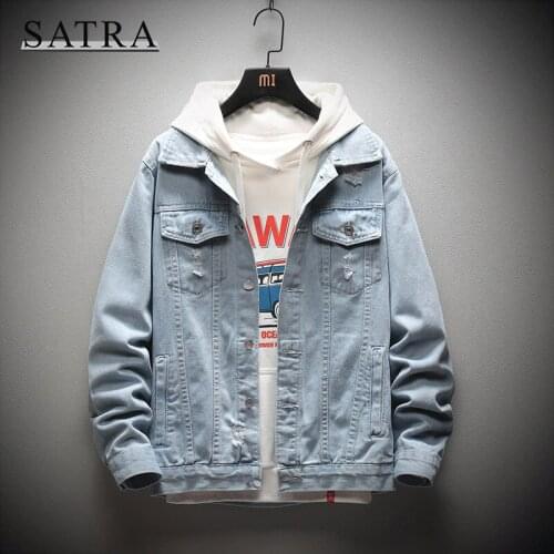 SATRA 2021 Spring New Arrival Classic Cowboy Ripped Jeans Jacket Men, Mens Fashion Trend Casual Solid Loose Denim Jacket coat