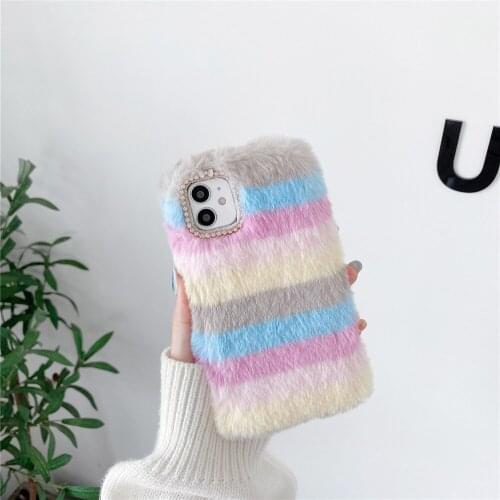 Fluffy Plush Rainbow Gradient Phone Case Soft On For Huawei Mate 40 20 P10 P9 Honor 9X 8X 10I 9A 9S V40 V30 V20 Shockproof Coque