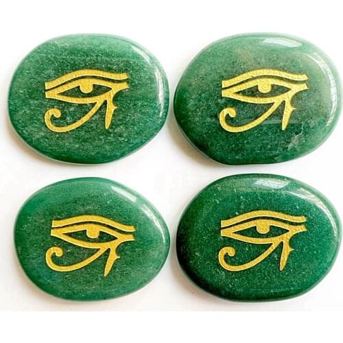 Natural Green Aventurine Stone Crystal Engraved The Egyptian Left Eye of Horus Symbols Set Reiki Healing Palm Stones Wholesale