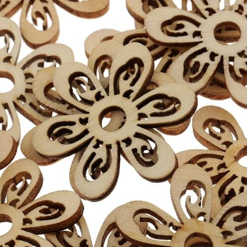20pcs Unfinished Hollow Flower Shape Wooden Pieces Embellishments for Wood Craft 35mm