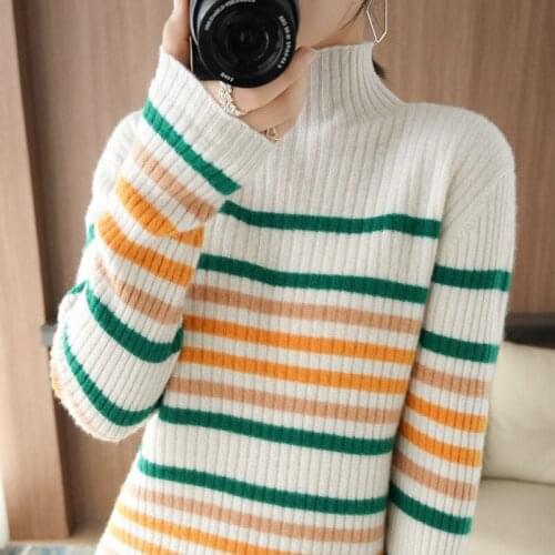 2021 New Pure Wool Sweater Womens half High Neck striped Long sleeve Bottoming shirt loose Fashion knitted Cashmere Sweater