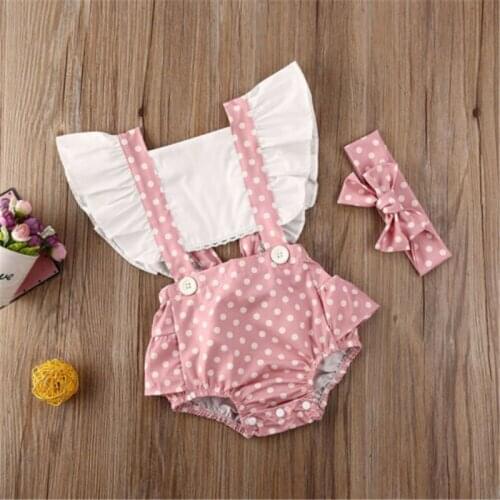 Toddler Baby Girls clothes Dots Ruffle Backless square collar Bodysuit bow Headband 2pc cotton lovely Outfits