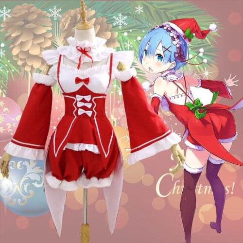 2020Re:Life In A Different World From Zero Red Christmas Xmas Cosplay Costume Socks Wig Rem Ram Women Lady Winter Warm Suit