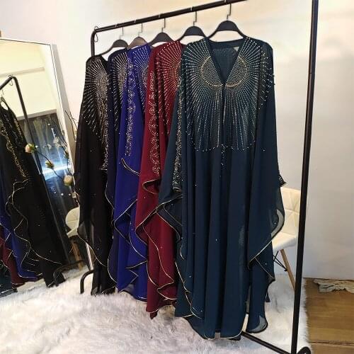 African Dresses for Women Chiffon Batwing Hot Drill Beading Dashiki Boubou African Abaya Dubai Muslim Dress Robe