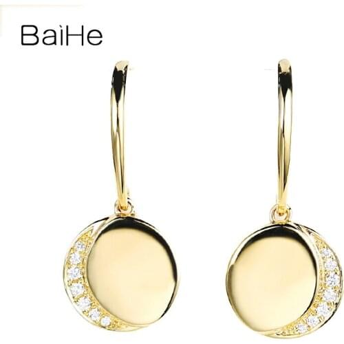 BAIHE Solid 14K White/Yellow/Rose Gold 0.04ct H/SI Natural Diamond Fine Jewelry Wedding Moon Ear Hook Stud Earrings for Women