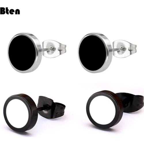 Bten Stainless Steel Earrings Geometric Women Men Hip hop Black Round Stud Earring Fashion Jewelry Best Gift for Friend