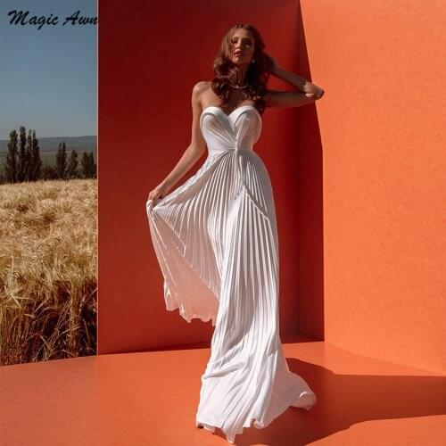 Magic Awn Sweetheart Satin Wedding Dresses Boho Pleats Simple Country Illusion Wedding Party Gowns A-Line Robe De Mariee 2021