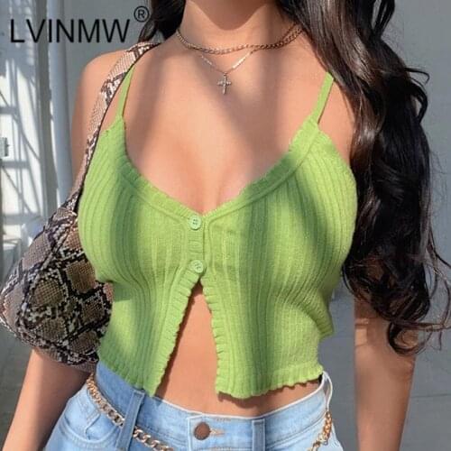 LVINMW V Neck Low Cut With Buttons Stretchy Casual Tank Tops Split Adjusted Straps Sexy Slim Basic Sleeveless Backless Crop Top