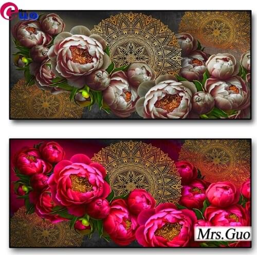 Vintage Pattern Art Diamond Painting 5d Golden Mandala And Red Rose Flower Coexisting Wall Art As A Living Room Decoration