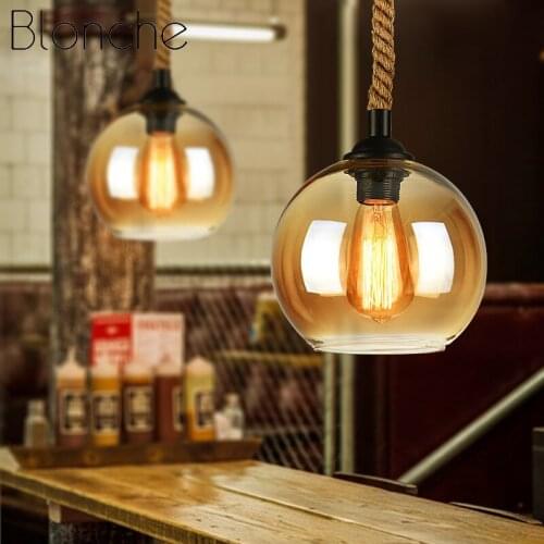 Vintage Glass Ball Pendant Lights Retro Loft Hemp Rope Hanging Lamp Bar Coffee Hotel Industrial Decor Hanglamp Led Luminaire
