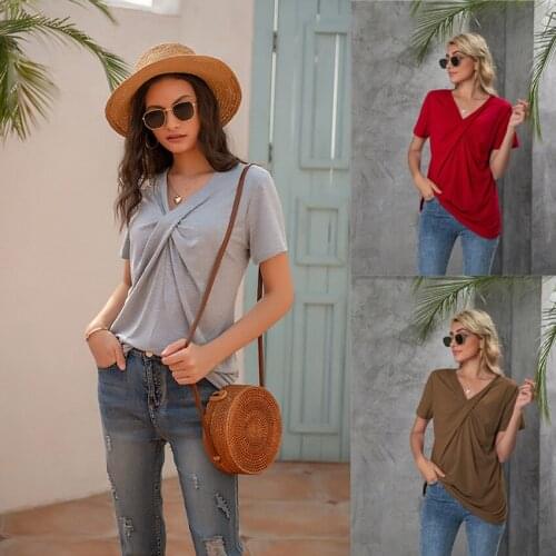 Summer Women T-Shirts Short Sleeve Sexy V-Neck Shirring Solid Color Casual Autumn Female Blouse Tops Tees C2967