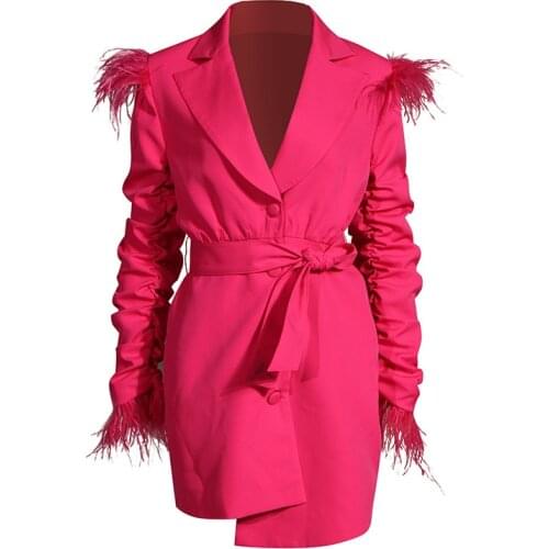 SeeBeautiful Simple Feather Belt Notched Collar Pleated Long Sleeve Irregular Loose Dress Woman Spring 2021 New Fashion T476