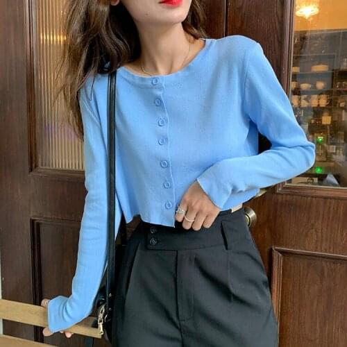 Womens Knitting Cardigan Pure Color Cute O-neck Button Long Sleeve Knitted Fabric Short Top Wholesale 2021 New Female Clothing