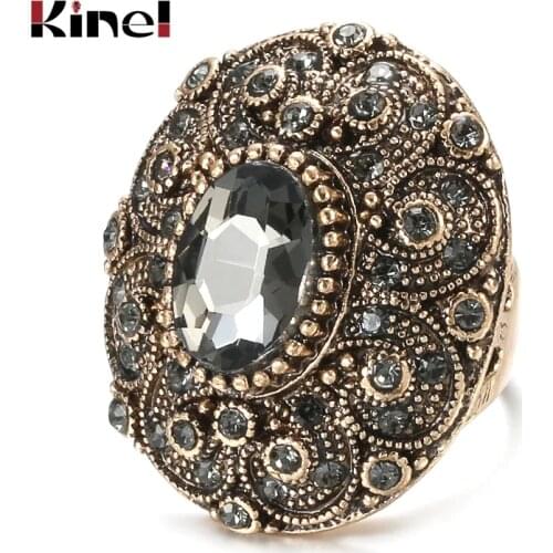Kinel New Oval Gray Crystal Flower Ring For Women Antique Gold Color Vintage Jewelry Party Accessories Luxury Gifts 2020 New