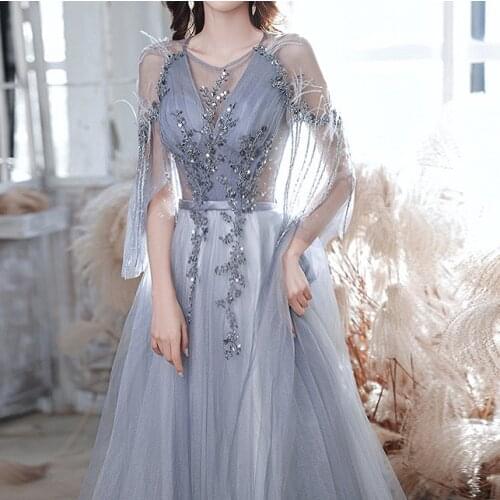 2021 Elegant Lake Blue Prom Dresses Scoop A-Line Tulle Sequined Perspective Tassel Sleeves Formal Banquet Party Evening Gowns
