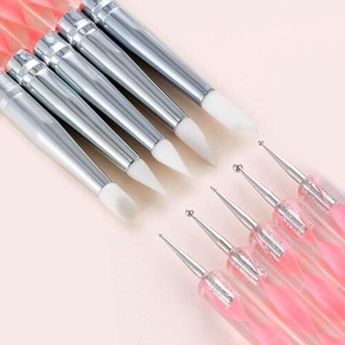 5Pcs 2 Way Nail Art Acrylic Silicone Point Flower Double Head Nail Pen Stainless Steel Dotting Tools Marbleizing Painting Pens