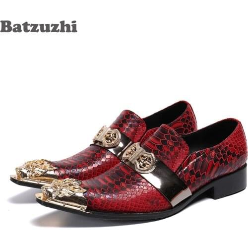 Batzuzhi Luxury Handmade Mens Leather Dress Shoes Metal Cap Fashion Mens Shoes Red Party/Wedding/Runway Shoes Men Zapatos Homb