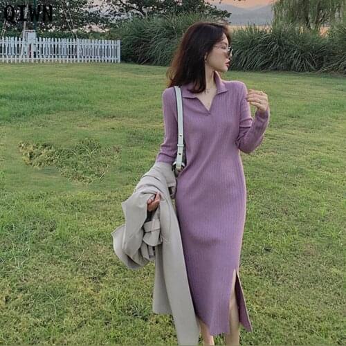 One-Piece Polo Collar Sweater Dress Korean Long Sleeve Split Knitted Sweater Elastic Dresses Woman Autumn Pullover Midi Dress