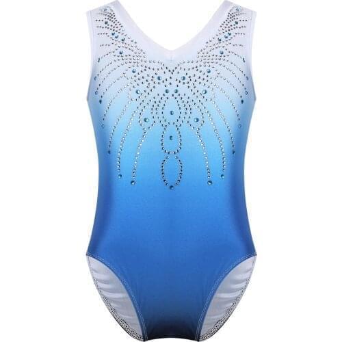 Kids Girls One Piece Dance Leotard Sleeveless V Shaped Neck Shiny Rhinestone Ballet Dance Costume Children Gymnastics Jumpsuit