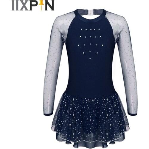 Girls Figure Ice Skating Dress Sparkly Rhinestone See-through Mesh Long Sleeve Dance Wear Ballet Dance Gymnastics Leotard Dress