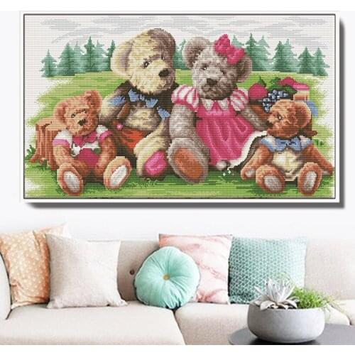 HUACAN Cross Stitch Bear Animal Needlework Sets For Full Embroidery Kits White Canvas 14CT DIY Home Decor 70x35cm