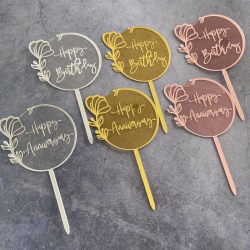 INS Creativity Happy Birthday Acrylic Cake Toppers Gold Rose Birthday Cupcake Topper for Baby Birthday Party Cake Decorations