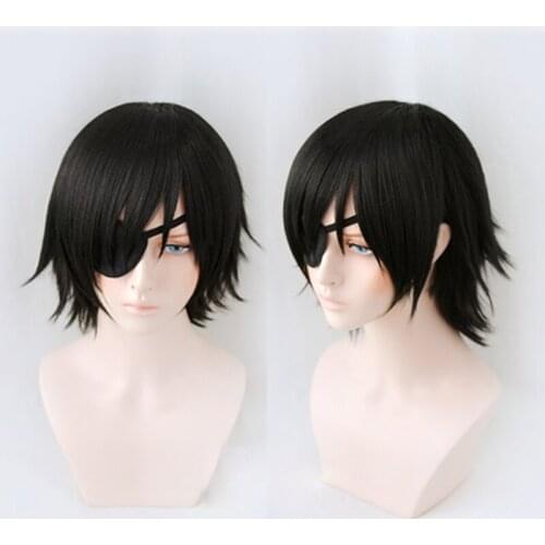 Anime Chainsaw Man Himeno Cosplay Wig Short Black Heat Resistant Hair Wigs + Wig Cap + Eyepatch