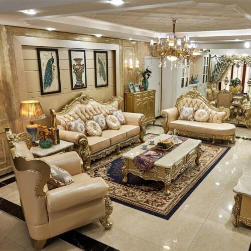 European-style Leather Sofa First Layer Cowhide Villa Large Apartment Living Room Combination Champagne Solid Wood Carving