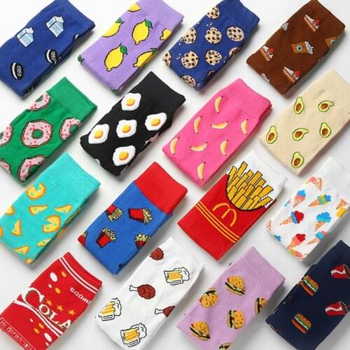 Hot Sales Funny Socks Women Casual Cartoon Fruit Banana Avocado Lemon Egg Cookie Donuts Happy Japanese Harajuku Skateboard Socks