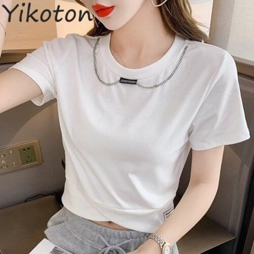 Solid White Shirt With Chain Sexy Womens Irregular Summer Short Sleeve T-shirt Casual Korean Fashion Plus Size Women Clothing