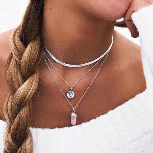 Bohemian Multilayer Blade Chain Pink Bullet Crystal Pendant Necklace Women Vintage Geometric Clavicle Necklace Jewelry YN1685