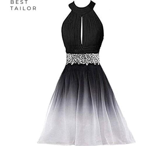 Gradient Prom Dresses Short Gradual Halter Beaded Waist Slit Chest Party Gowns vestido de fiesta largos elegantes de gala noche