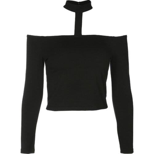 Sexy Cropped Slash Neck Halter T shirt Women Long Black Sleeve t-shirt Spring Off The Shoulder Tops For Women Crop Top