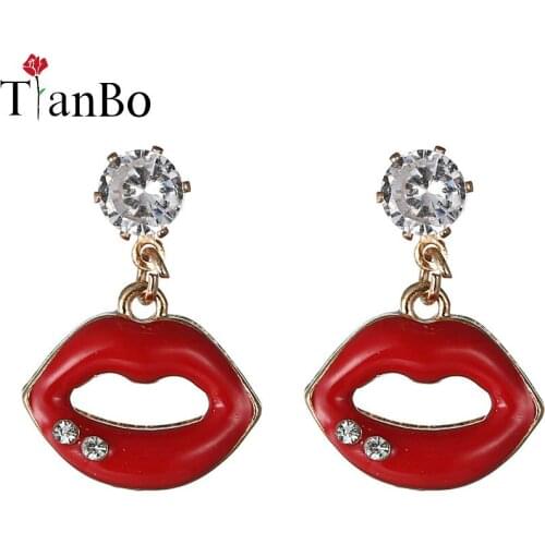 TianBo New Fashion Big Brand Classic Luxurious Elegant Sexy Women Red Lip Rhinestone Earrings For Women Girls High Quality