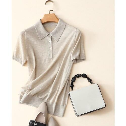 Spring summer short sleeve turn-down collar solid color casual womens high quality soft 100% cashmere sweater pullover