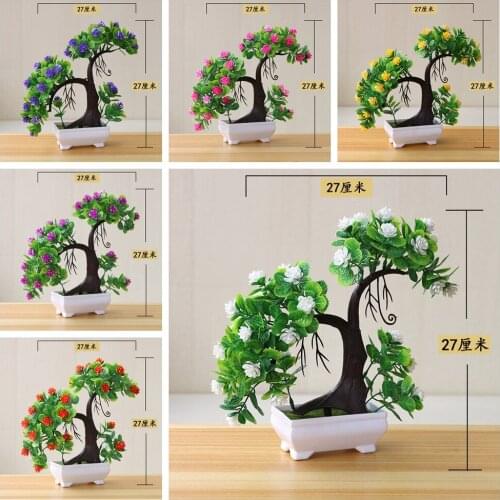 Green Artificial Small Tree Rose Flowers Potted Bonsai Christmas Halloween New Year Party Home Garden Decor Fake Plants Bonsai
