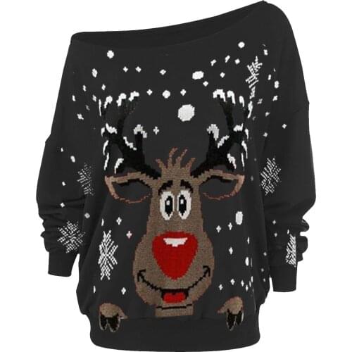 Women Fashion Christmas Elk Print T-shirt Long Sleeve Diagonal Collar Tshirt Strapless T-shirt Top Moda Mujer 2021 #G2