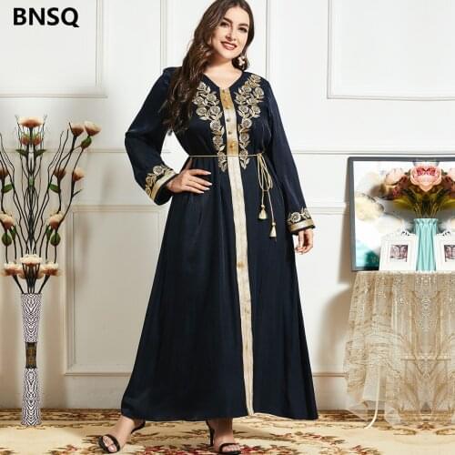 Fashion Embroidered Womens Dark Blue Skirt Contrast Color Stitching Long-Sleeved Casual Lace-Up Dress Ladies Long Skirt M-4XL