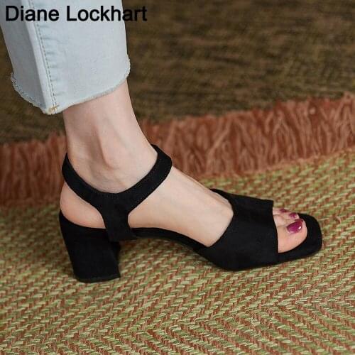 Women Pumps 2021 Summer Open Toe High Heels Square heel Shoes Sandals Gladiator Ankle Strap Buckle Sandalias Mujer Black Beige