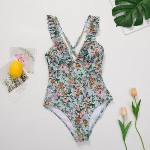 Women One Piece Swimsui 2021 Print Padded Swimwear Female Ruffle V-neck Push Up Bodysuit New Backless Bathing Suits Beach Wear