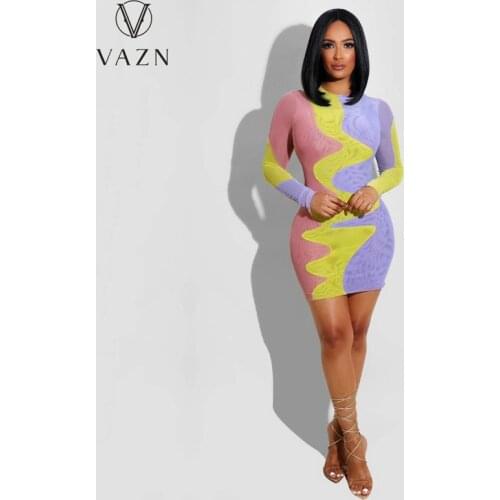 VAZN 2021 women hot sale street casual style short dresses long sleeve round neck dresses printed mini short shirt dresses