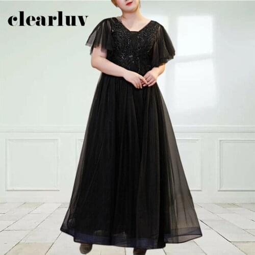Black A-Line Evening Dress DR1102 V-Neck Short Sleeve Women Party Dresses Shiny Sequined Robe De Soiree Lace Up Formal Gowns