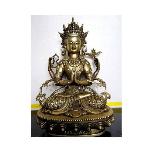 28 cm */Tibet Tibetan Buddhism Brass Bodhisattva Four arm Kwan Yin Buddha Statue