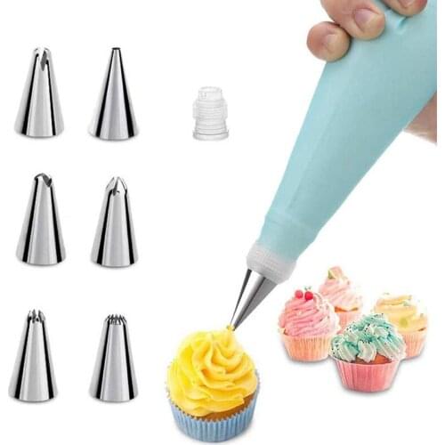 8Pcs/set Silicone Pastry Bag Kitchen DIY Icing Piping Cream Reusable Pastry Bags + 6 Stainless Steel Cake Nozzle Decorating Tips