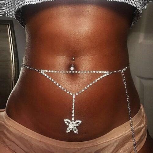 Bling Rhinestones Belly Chains With Butterfly Jewelry Silver Adjustable Body Chain Summer Beach Women Sexy Waist Chain