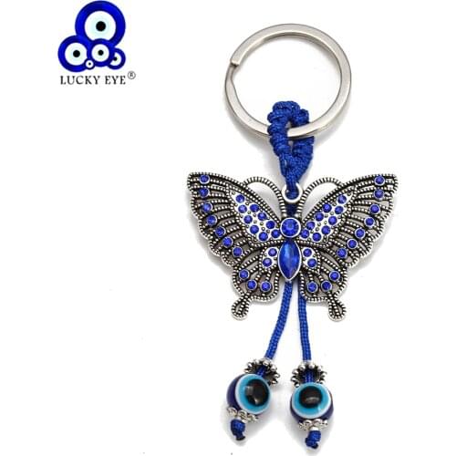 Lucky Eye Alloy Butterfly Pendant Keychain Blue Turkish Evil Eye Bead Tassel Alloy Car key Chain for Women Men Jewelry BE268