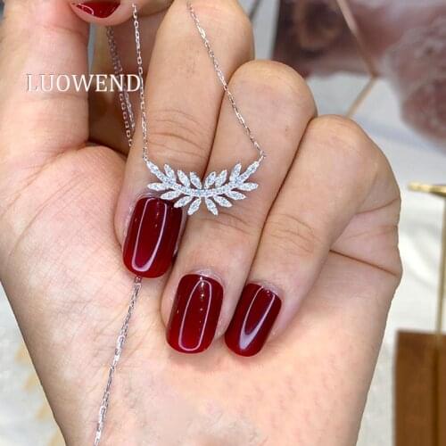 LUOWEND 18K Solid White Gold Pendant Necklace Real Natural Diamond Women Engagement Olive Leaf Design Necklace Love And Peace