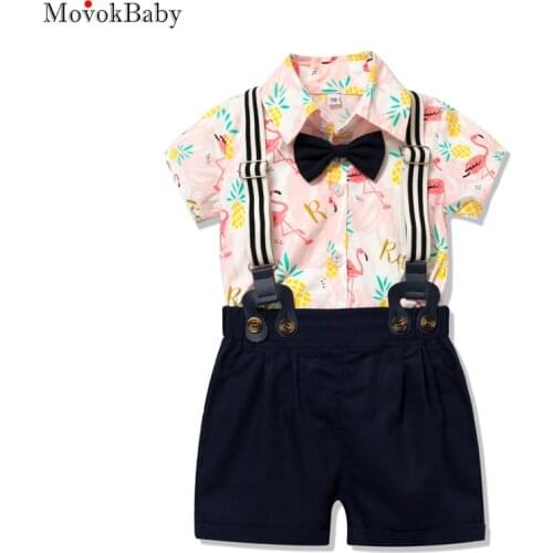 Newborn Baby Romper Clothes Suit for 3 -24 M Boy Flamingo Romper Bow Shorts Belt 4 Pieces Clothing Boy Party Birthday Costume