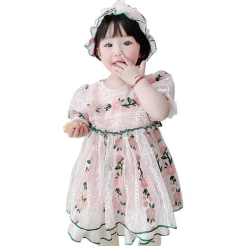 Baby Girl Short Sleeve Spanish Princess Ball Gown Floral Lolita Dress for Girls Easter Birthday Party Frocks+Hat Baby Girl Dress