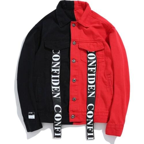 Streetwea Men Black Red Patchwork printed Jeans Jackets Washed Distressed Letter Ribbon Hip Hop Men motorcycle Denim Jacket